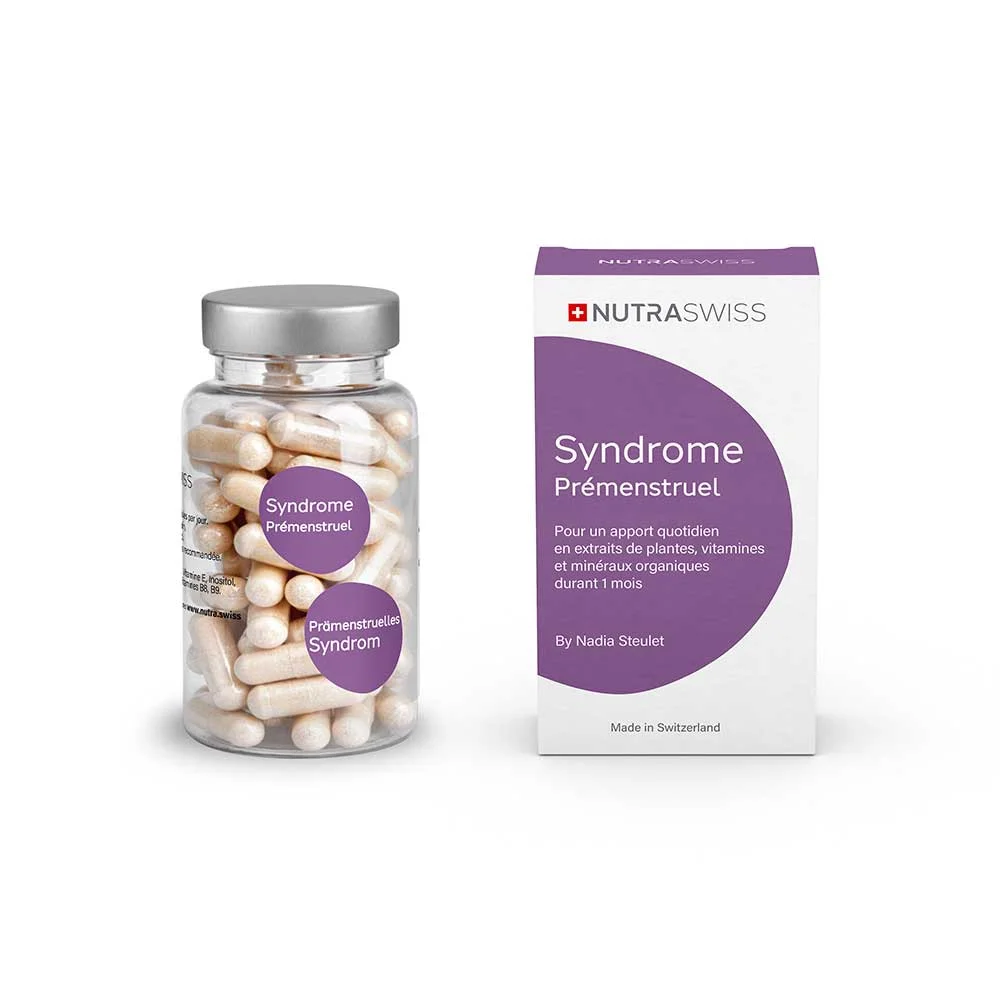 Complément alimentaire syndrome prémenstruel via nutria — flacon de 90 gélules et son étui Nutraswiss