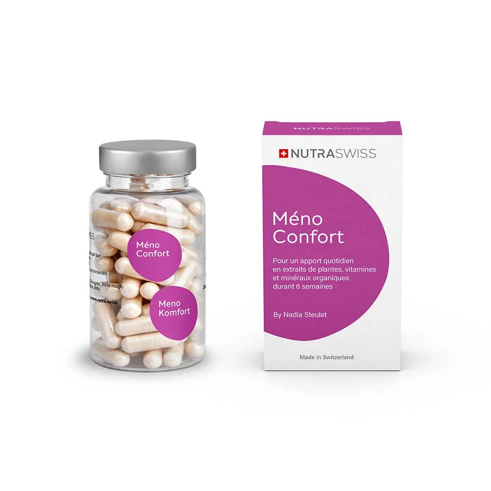 Méno Confort, complément alimentaire sans hormones pour la ménopause — flacon de 90 gélules et son étui Nutraswiss